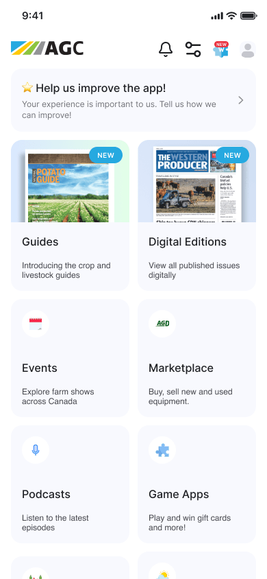 Explore page with Guides, Digital Editions, Events, Marketplace, Podcasts