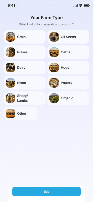 Your Farm Type — select from Grain, Oil Seeds, Pulses, Cattle, Dairy, Hogs, Bison, Poultry
