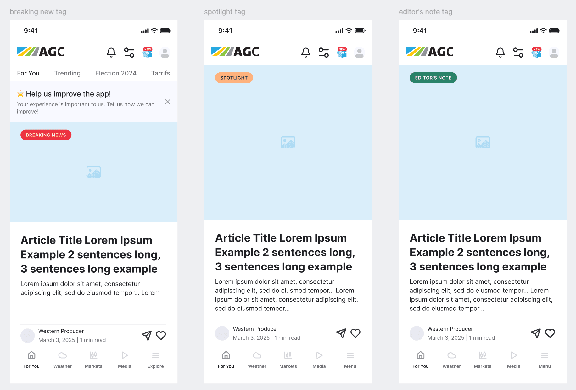 Article tag system — breaking news, spotlight, editor's note