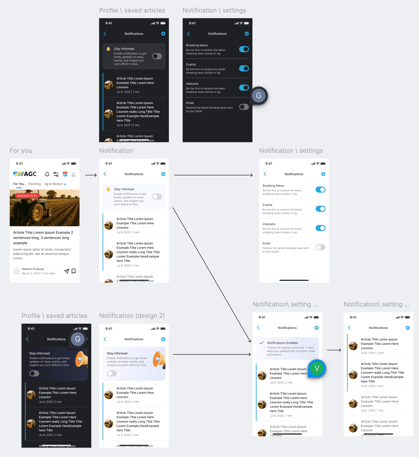 Notification system design — light and dark mode patterns