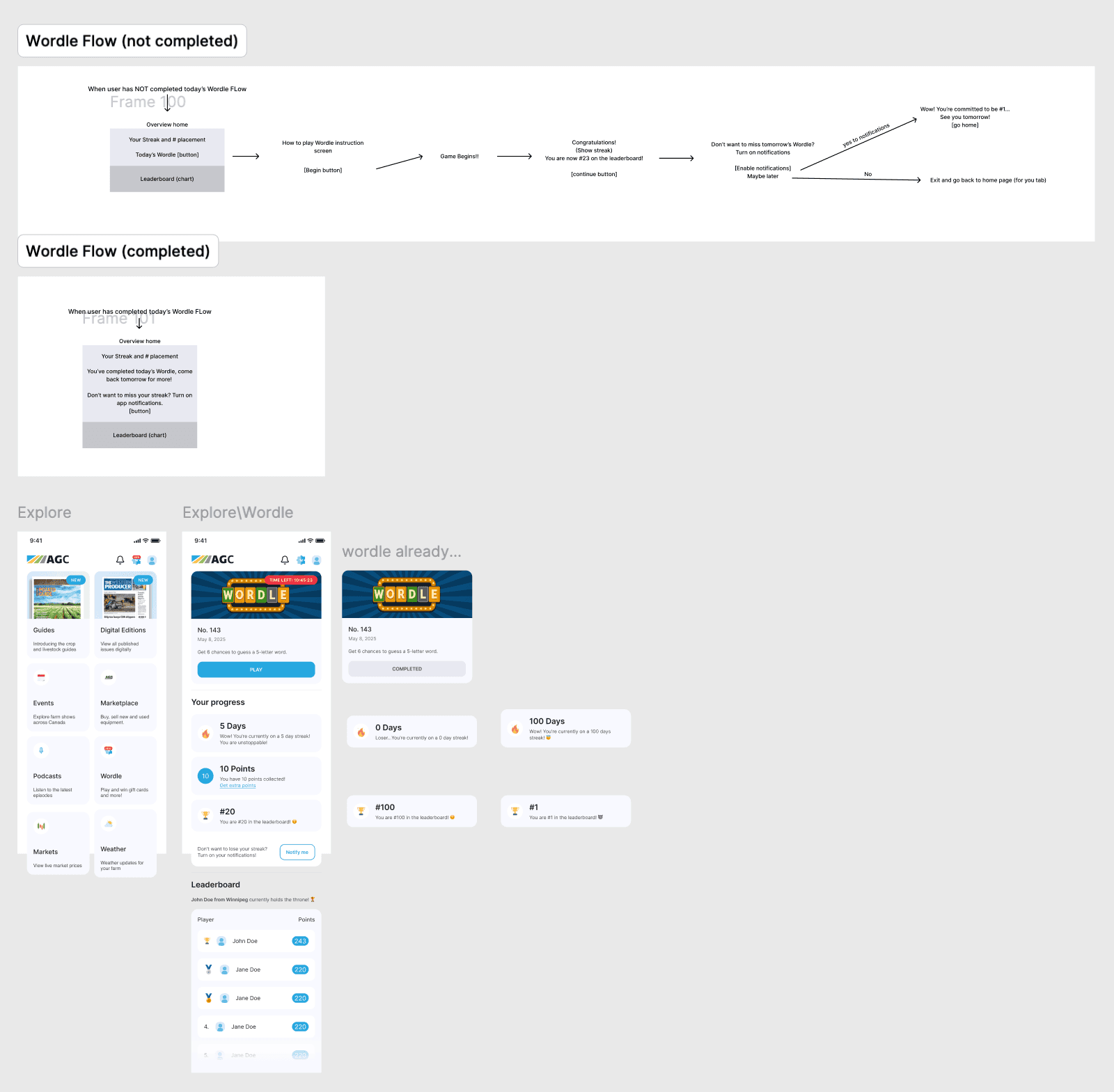Wordle game feature — flow diagrams, explore integration, leaderboard