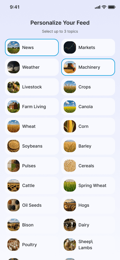 Personalize Your Feed — select up to 3 topics like News, Markets, Weather, Crops