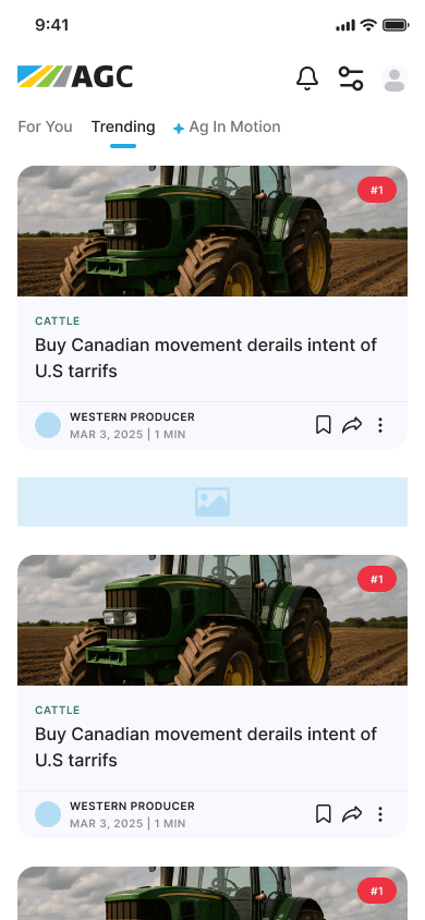 Trending tab with agricultural news articles ranked by popularity