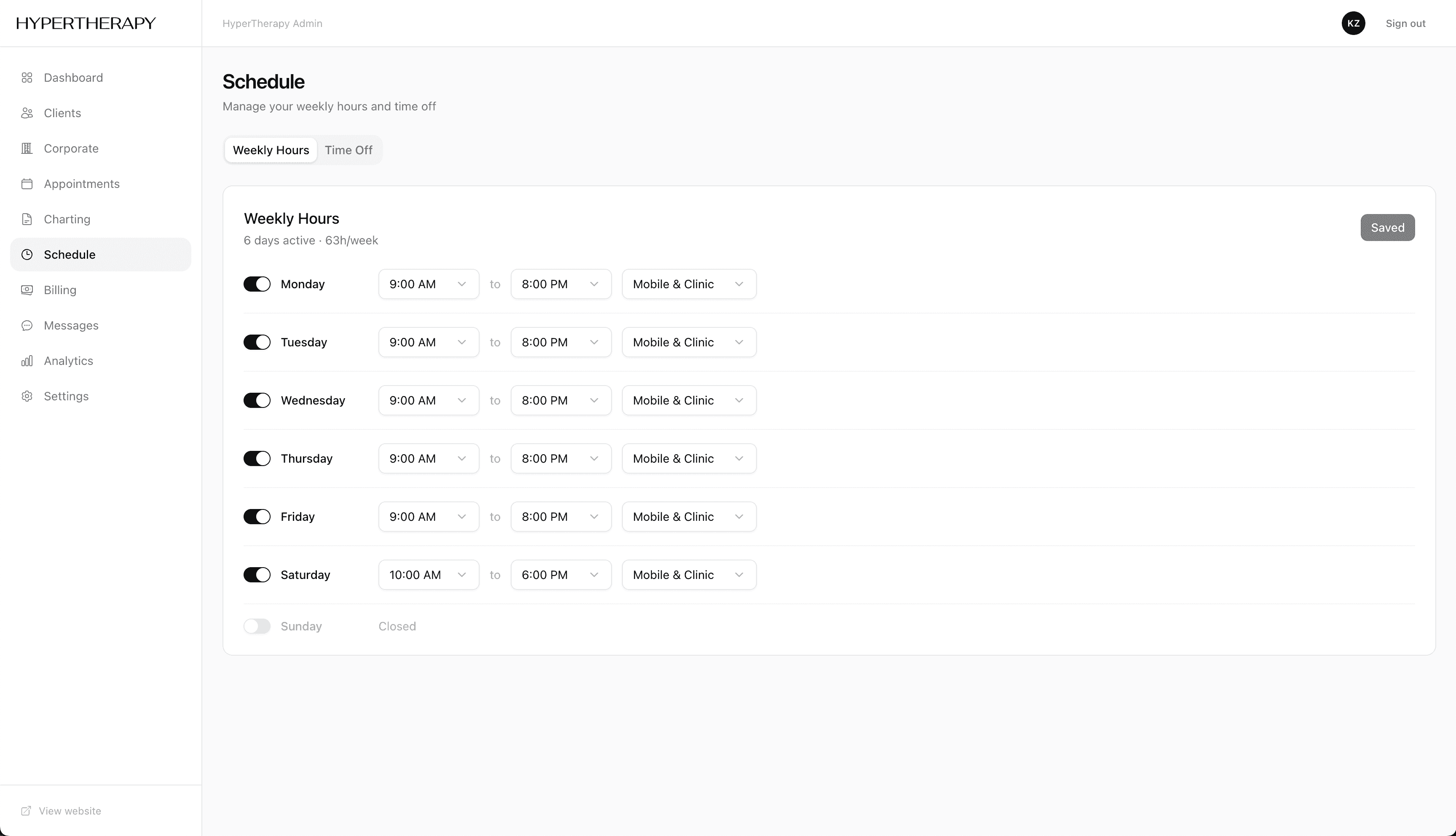 Admin schedule — weekly hours with day toggles, time pickers, and Mobile & Clinic location settings