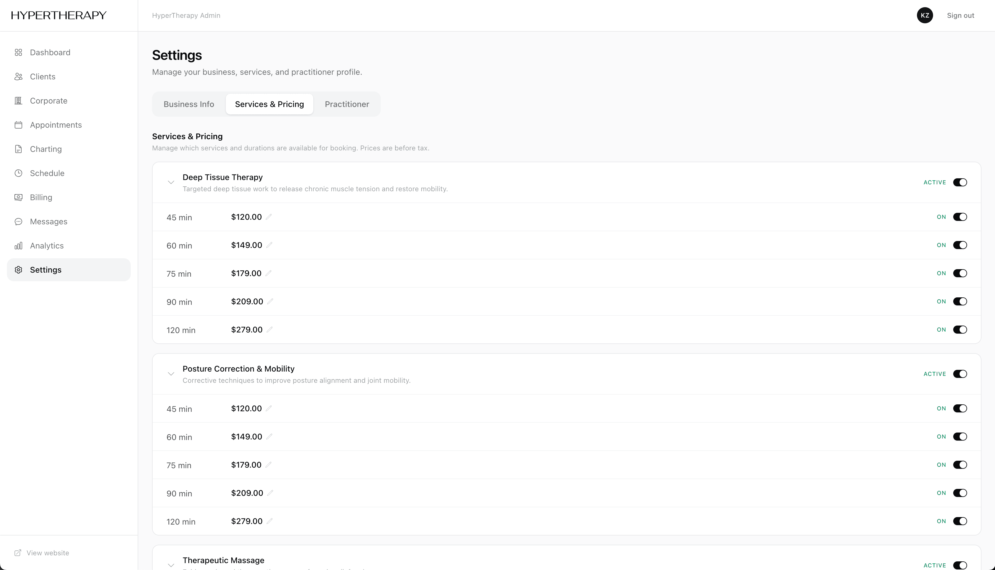 Admin settings — services & pricing with duration tiers and active toggles