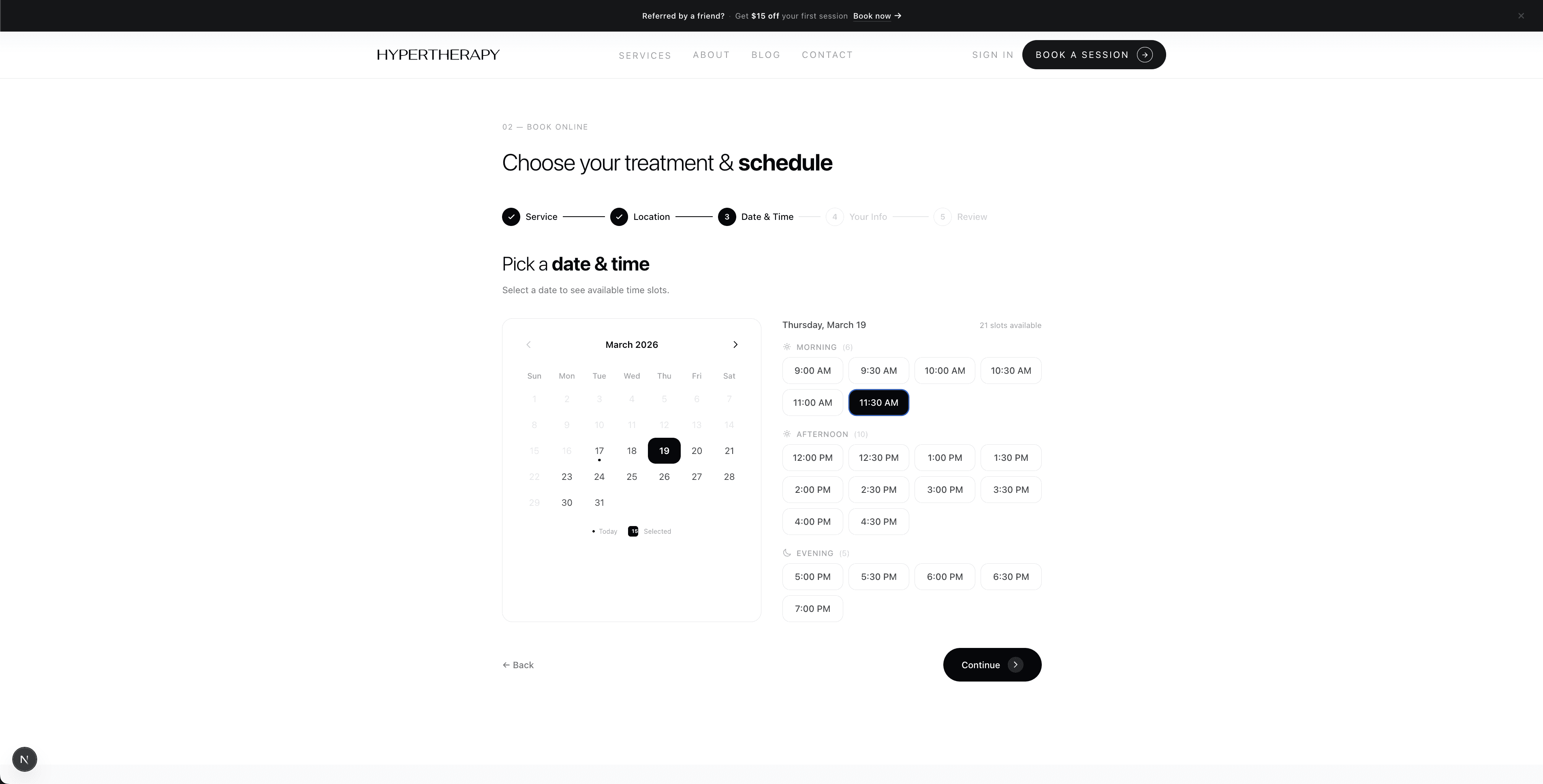 Booking flow step 3 — calendar date picker with available time slots