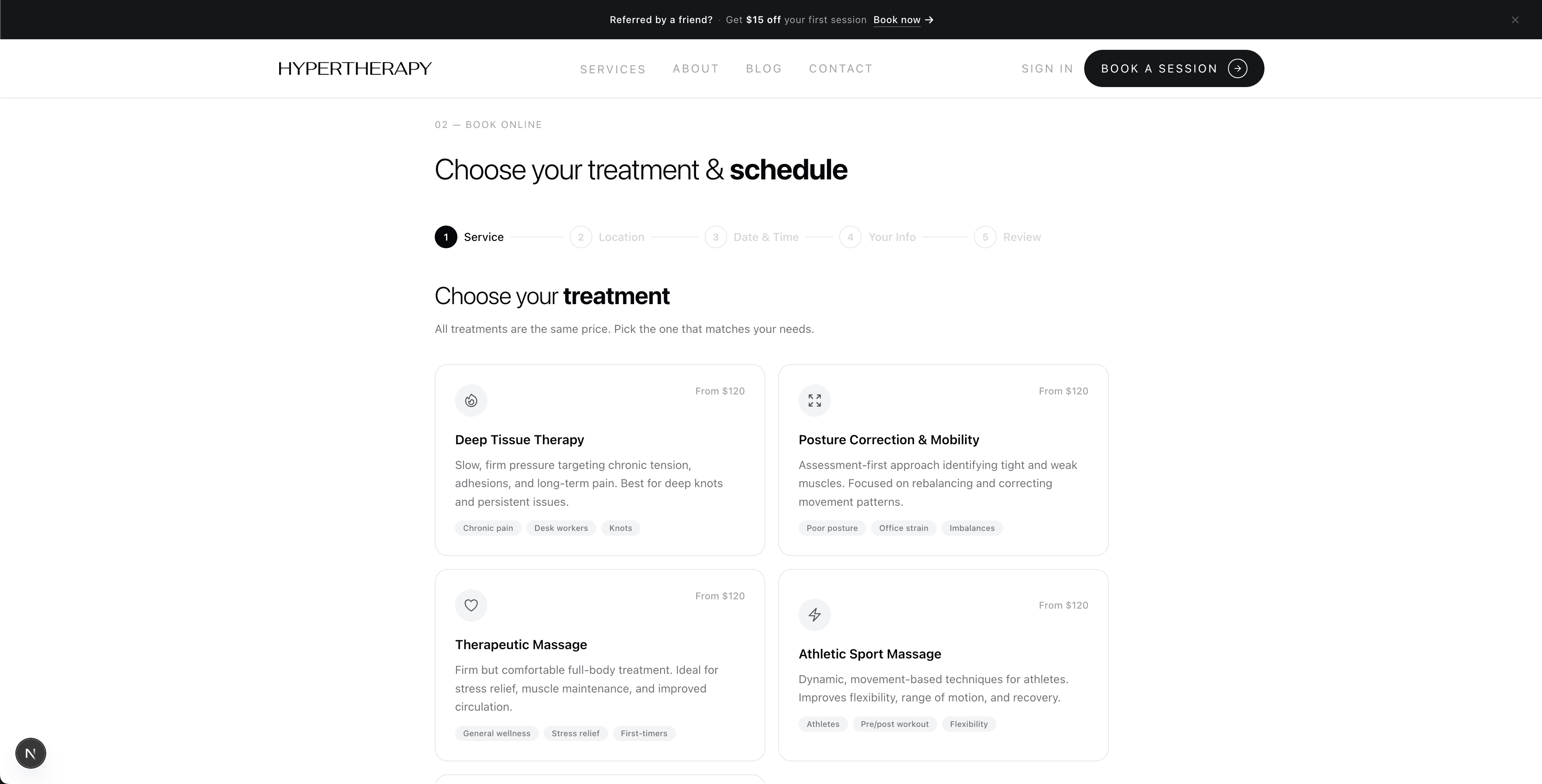 Booking flow step 1 — choose your treatment with service cards