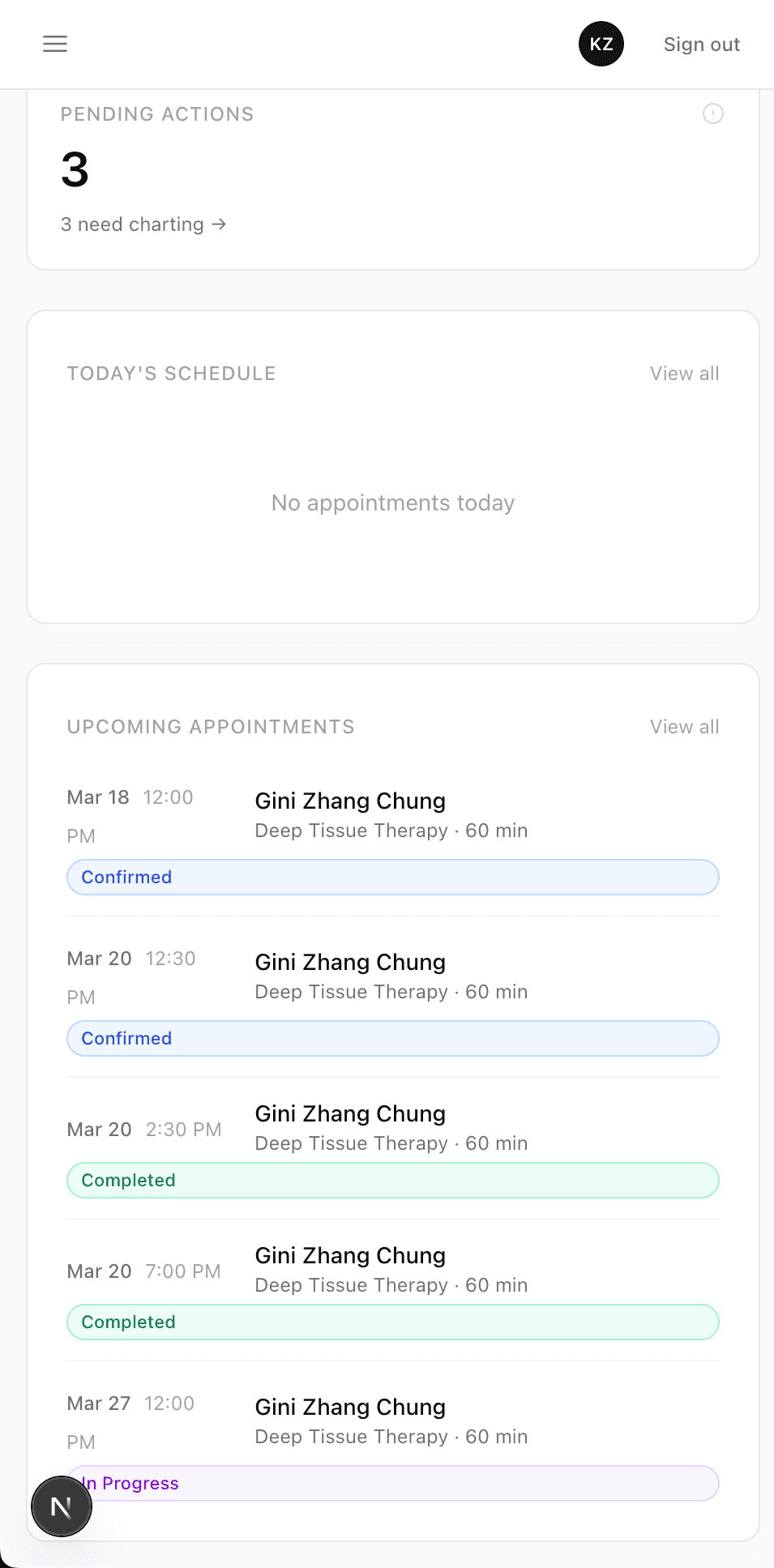 Mobile admin dashboard — pending actions, today's schedule, upcoming appointments list