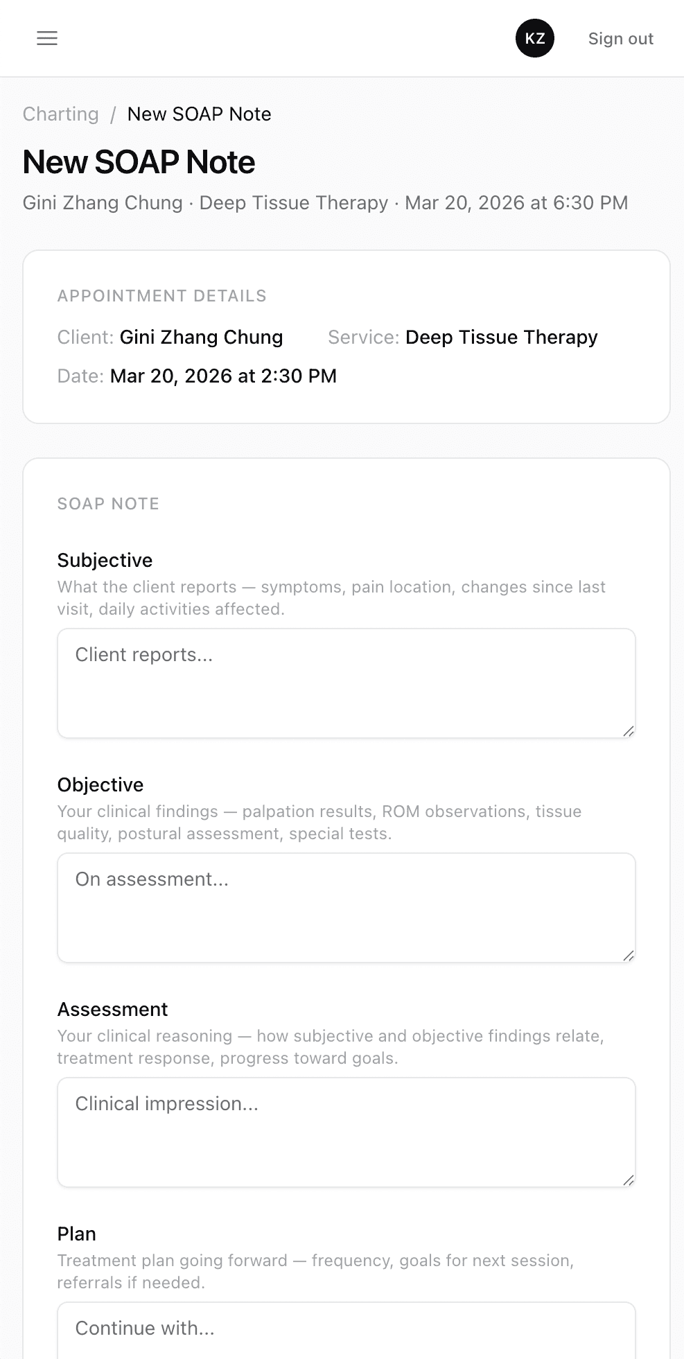 Mobile charting — SOAP note form with Subjective, Objective, Assessment, Plan fields