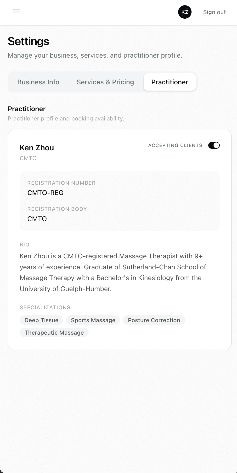 Mobile settings — practitioner profile with CMTO registration, bio, specializations