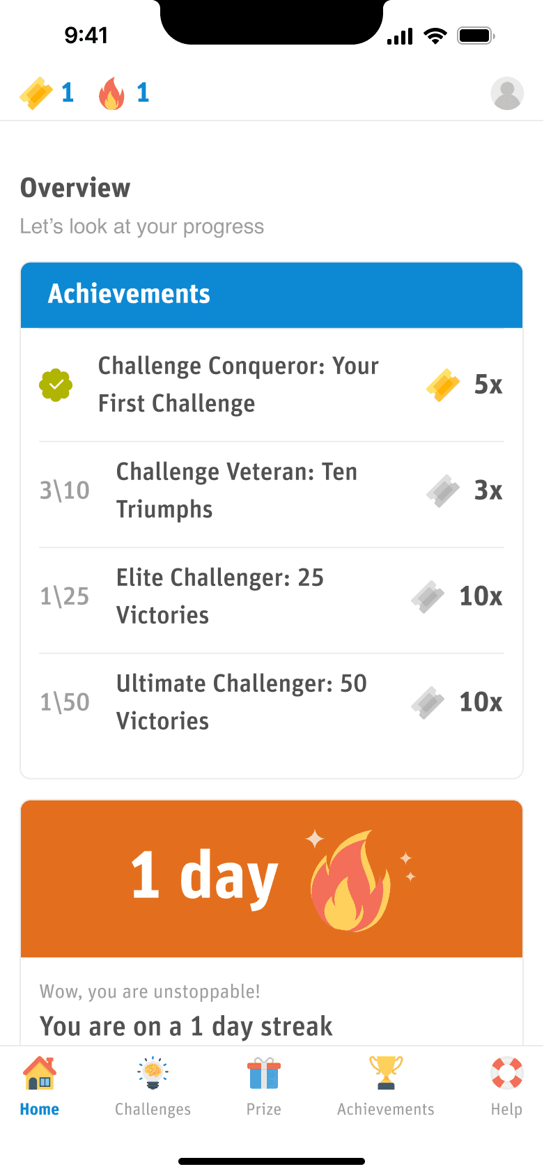 Dashboard scrolled view showing full achievement tracker with completion progress bars and daily streak counter