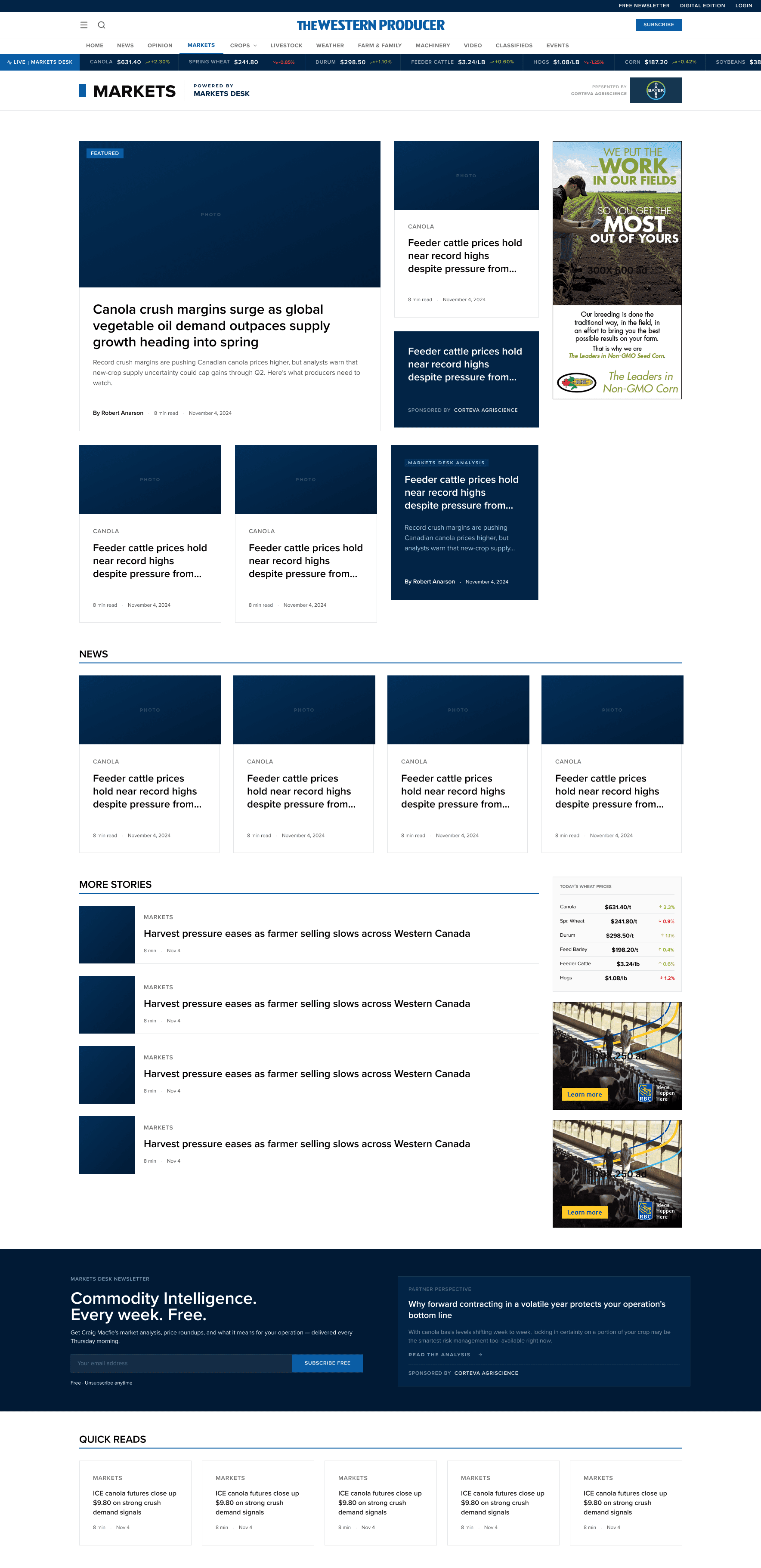 Western Producer category page after — featured story hero, trending content grid, structured More Stories section with clean visual hierarchy